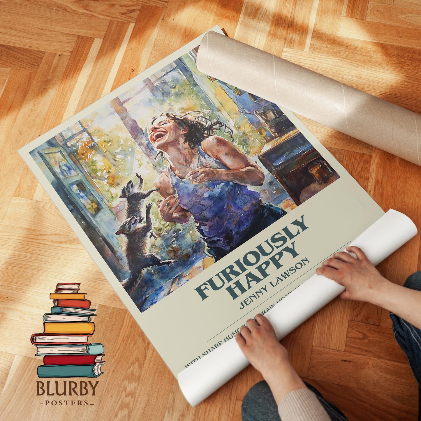 Furiously Happy book poster packaging – museum-quality print rolled in protective tube