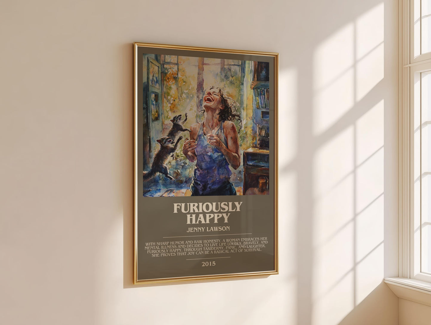 Furiously Happy bookish book poster framed on wall – memoir wall art
