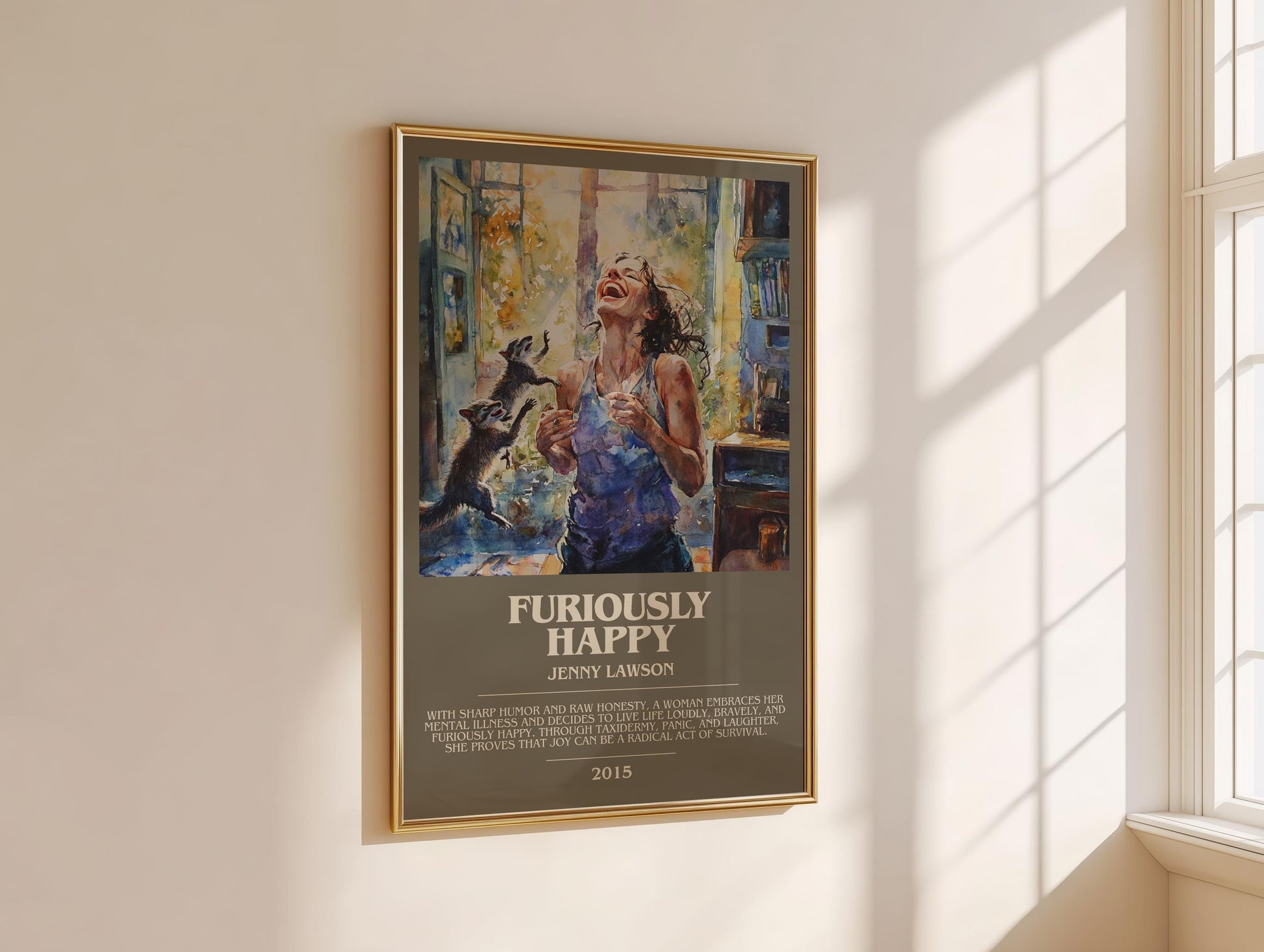 Furiously Happy bookish book poster framed on wall – memoir wall art