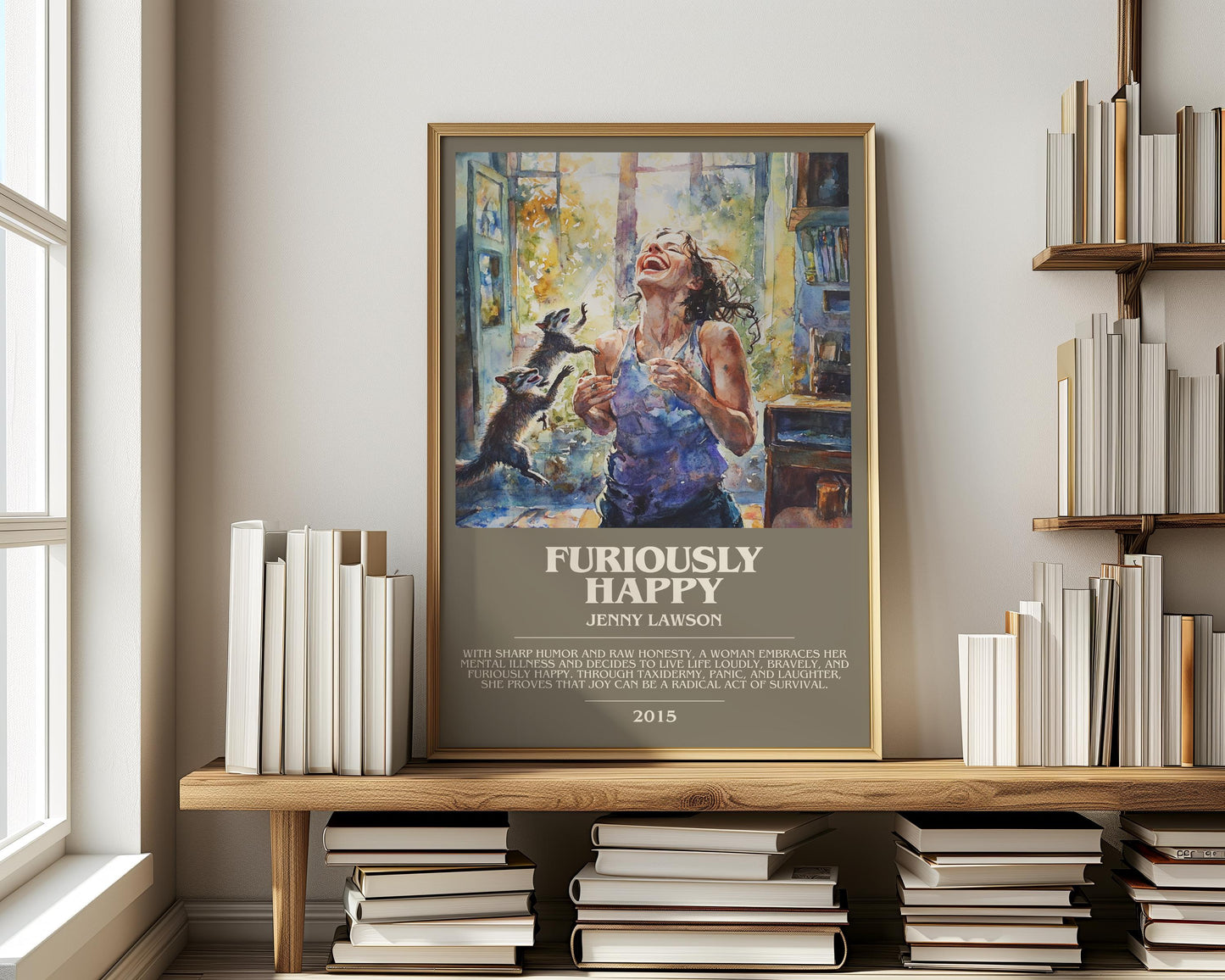 Furiously Happy bookish print on bookshelf – Jenny Lawson fan gift