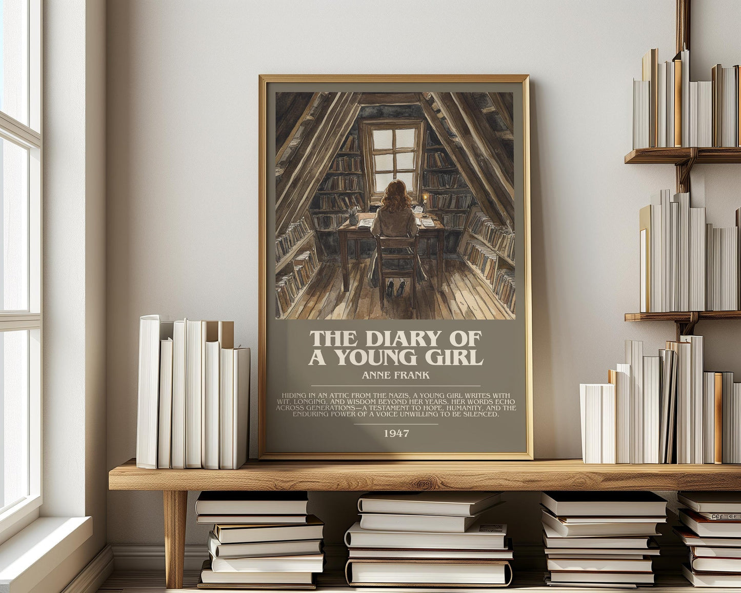 The Diary Of A Young Girl bookish print on bookshelf – Anne Frank fan gift