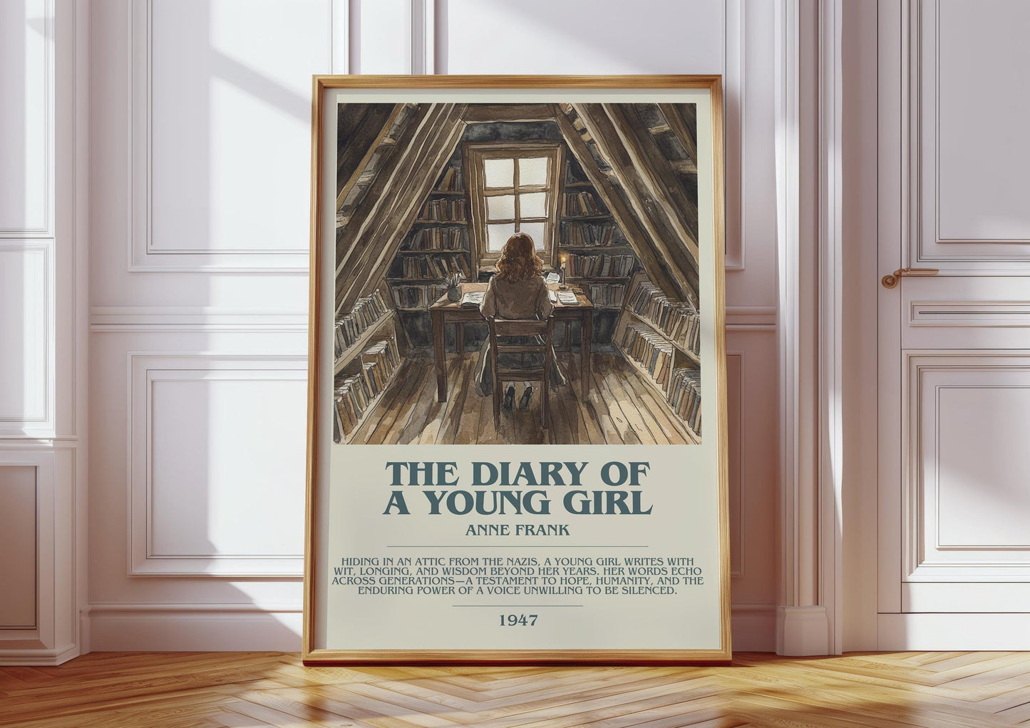 The Diary Of A Young Girl bookish print in frame leaning in hallway – memoir wall art