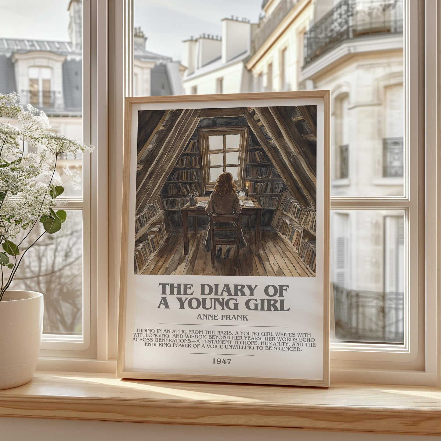 The Diary Of A Young Girl bookish print framed by window – literary home decor