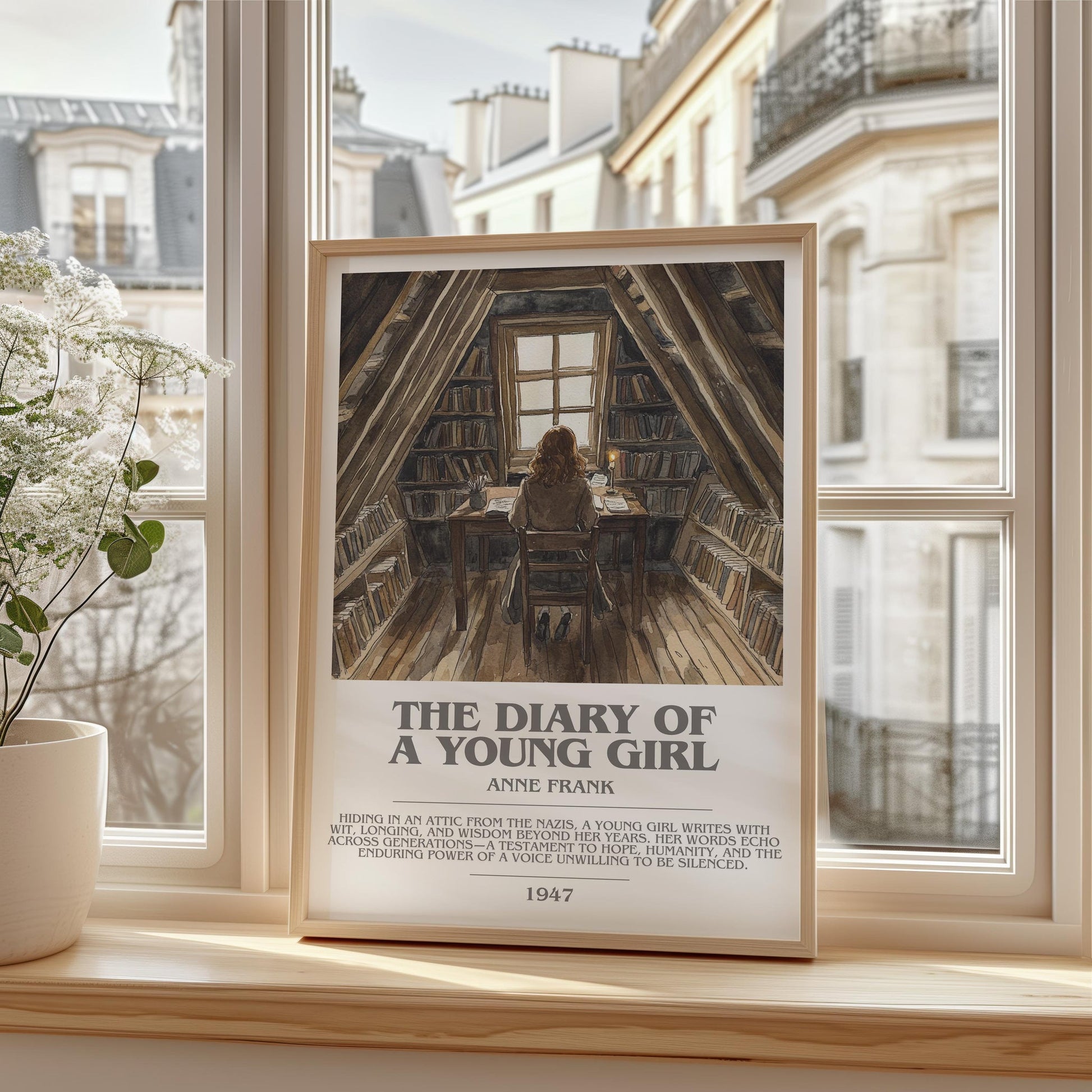 The Diary Of A Young Girl bookish print framed by window – literary home decor