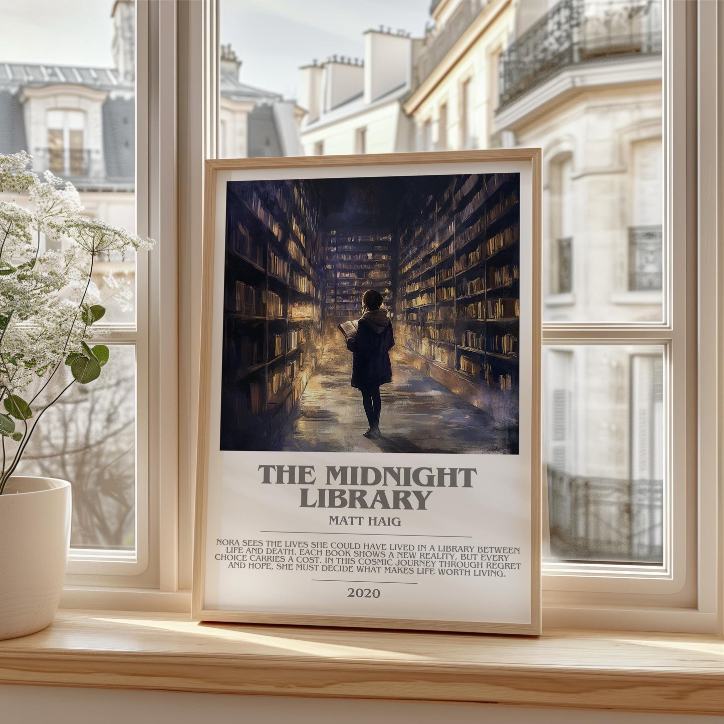 The Midnight Library bookish print framed by window – literary home decor