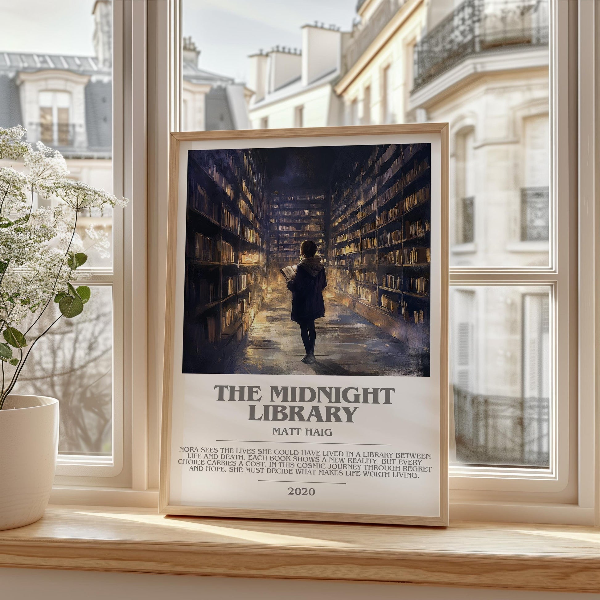 The Midnight Library bookish print framed by window – literary home decor