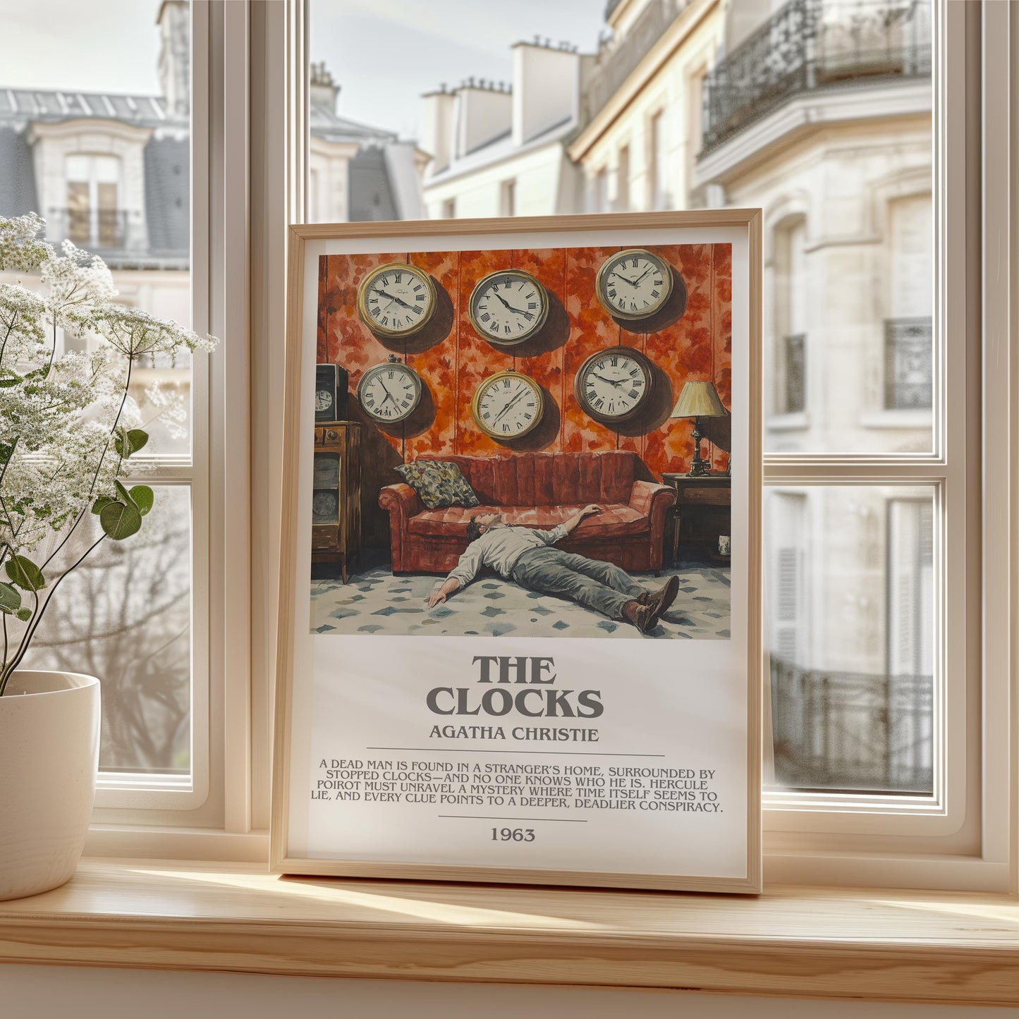 The Clocks bookish print framed by window – literary home decor