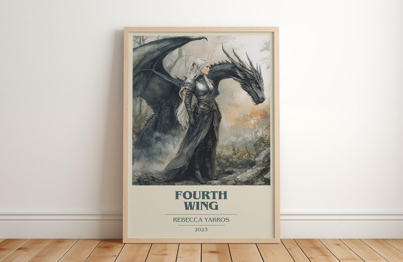 Fourth Wing book cover print in frame leaning in hallway – fantasy wall art