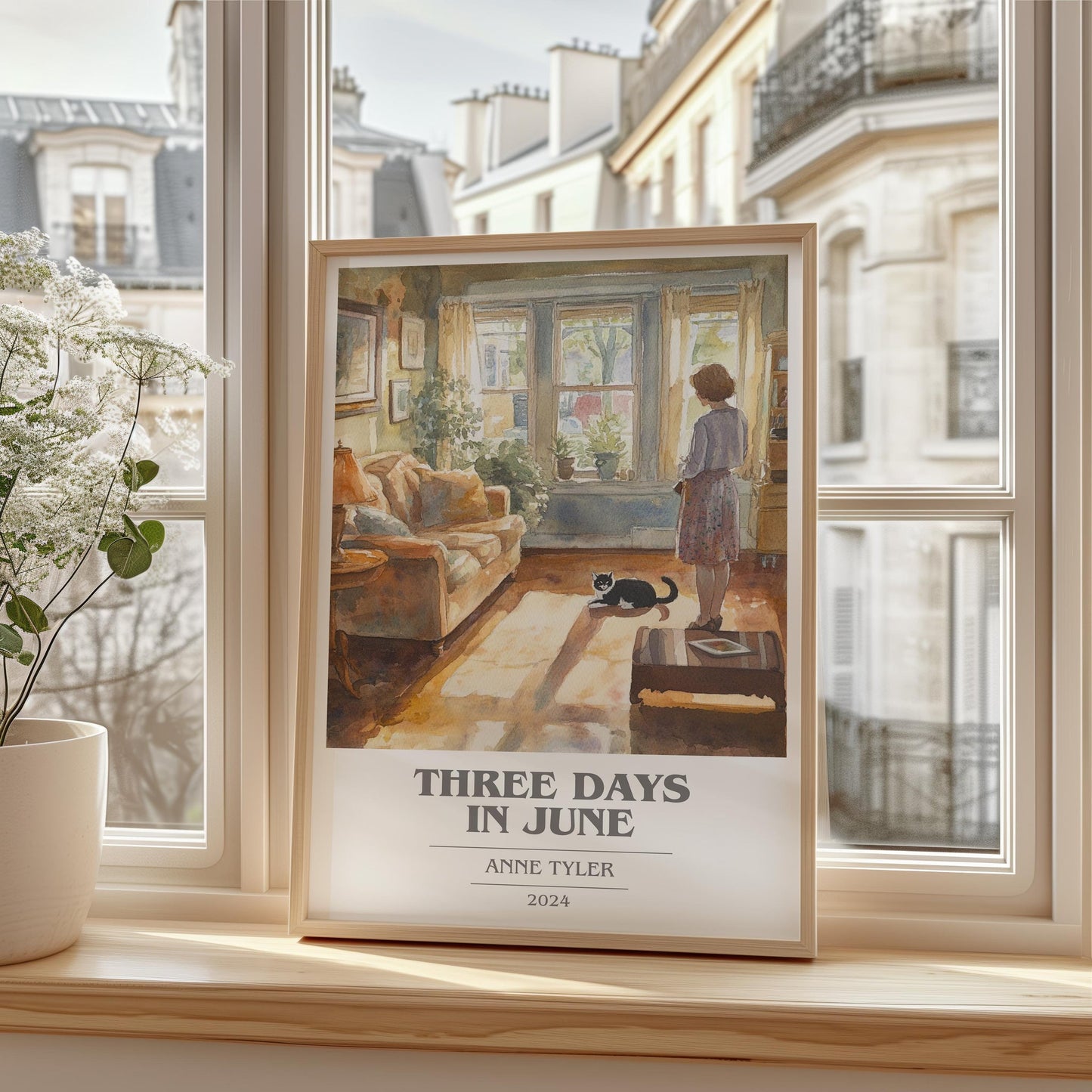 Three Days In June book cover print framed by window – literary home decor