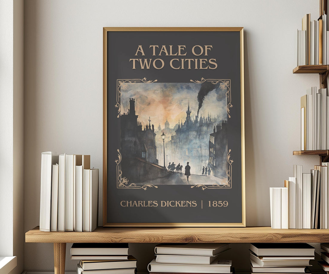A Tale of Two Cities classic book art print in frame leaning in hallway – historical fiction wall art (mockup)