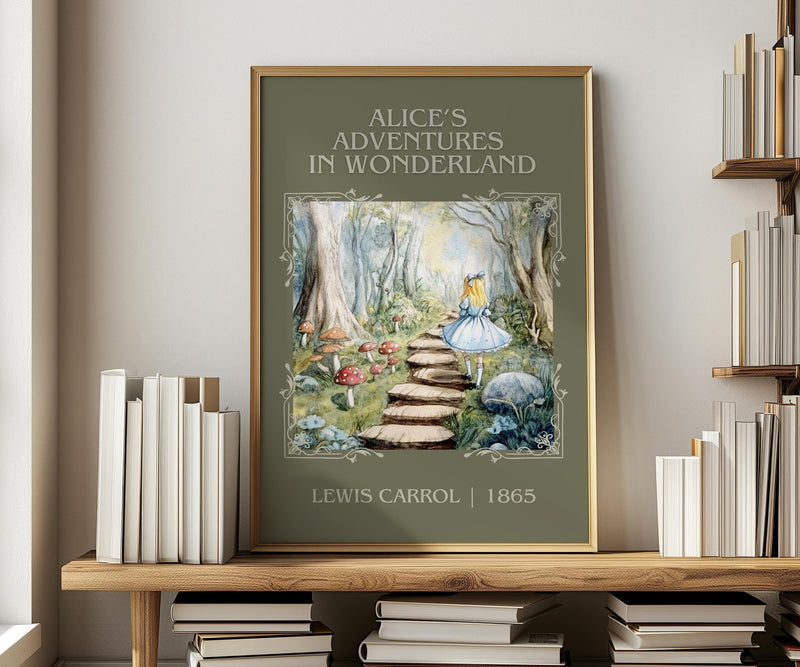 Alice's Adventures in Wonderland classic book art print in frame leaning in hallway – childrens wall art