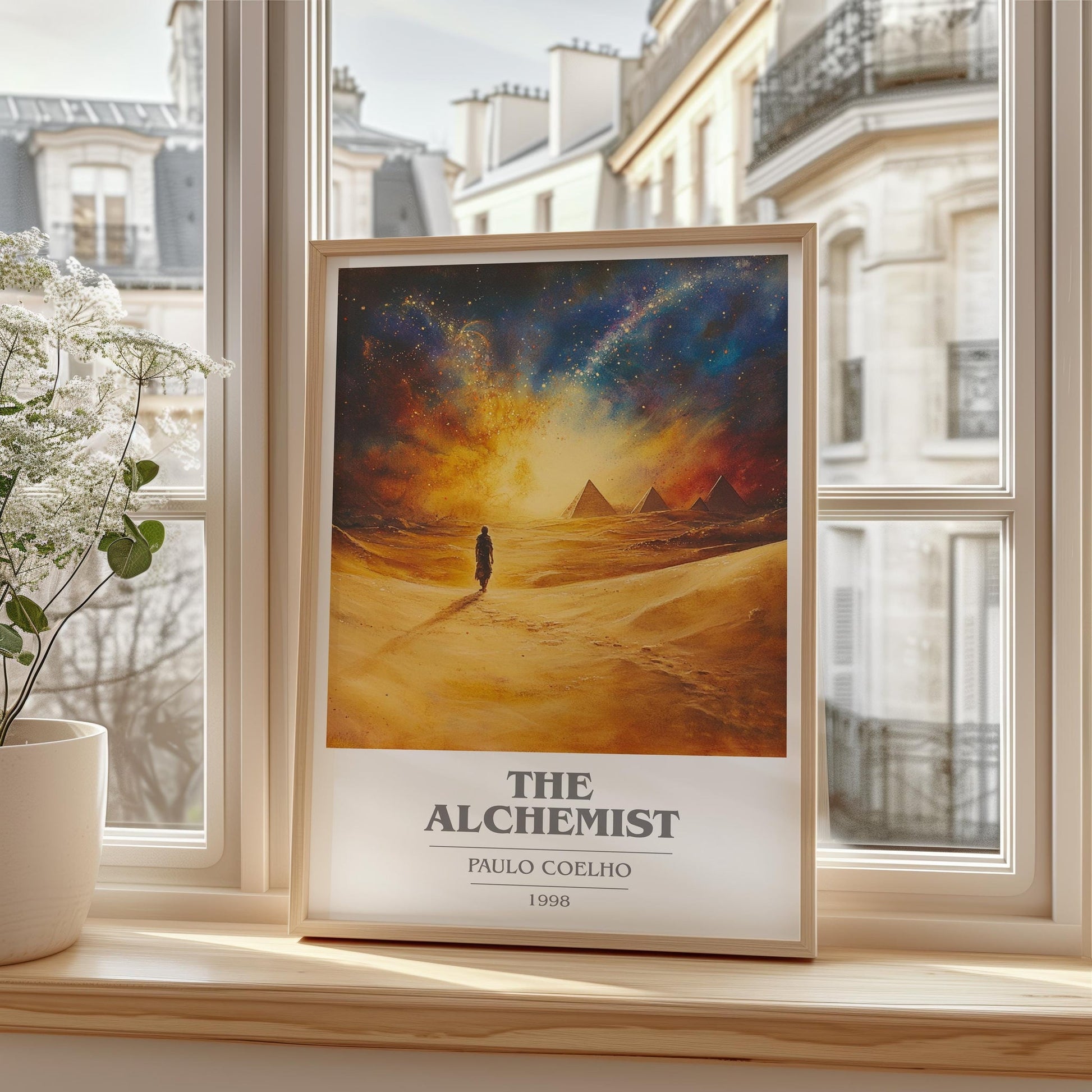 The Alchemist book cover print framed by window – literary home decor