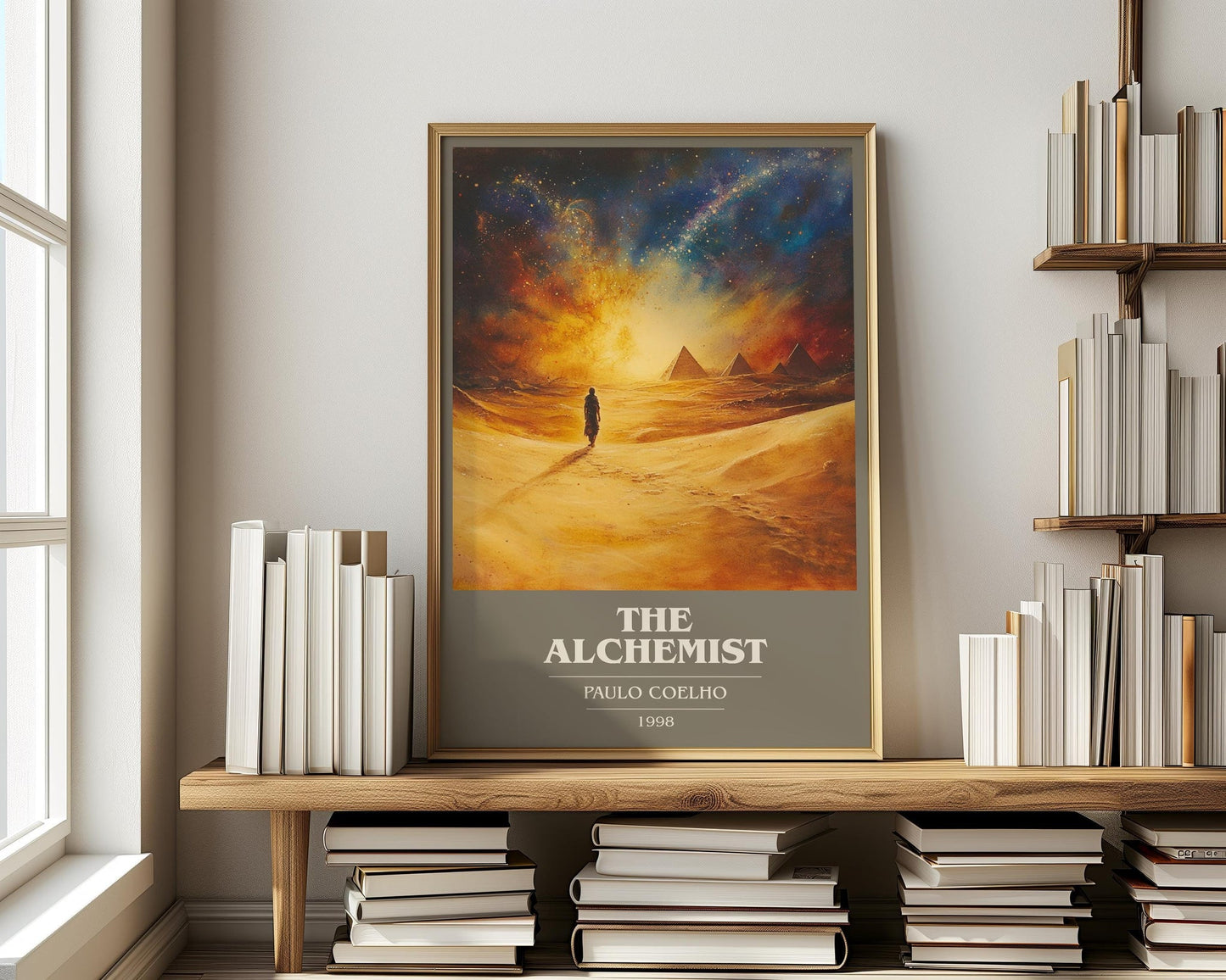 The Alchemist book cover print on bookshelf – Paulo Coelho fan gift