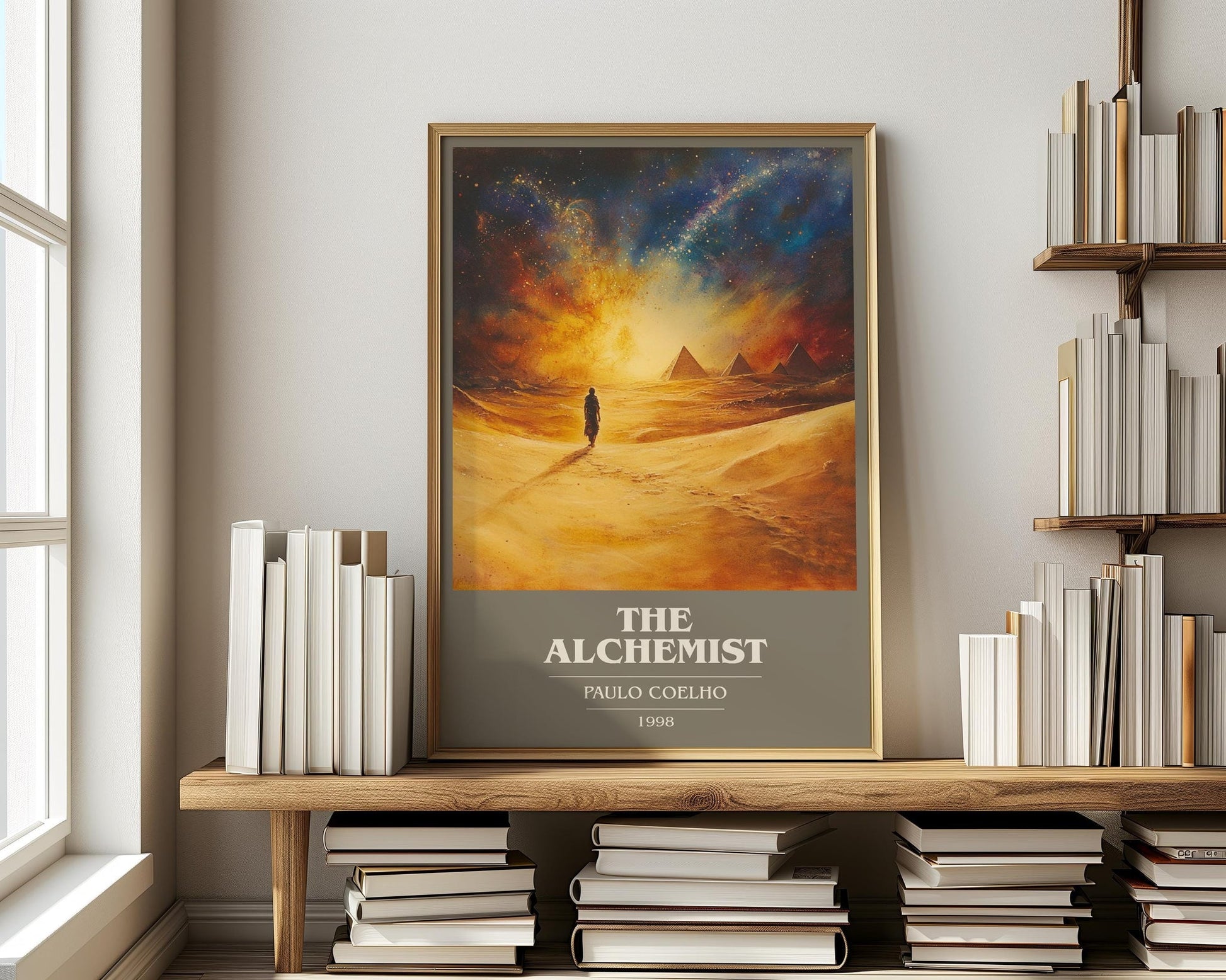 The Alchemist book cover print on bookshelf – Paulo Coelho fan gift