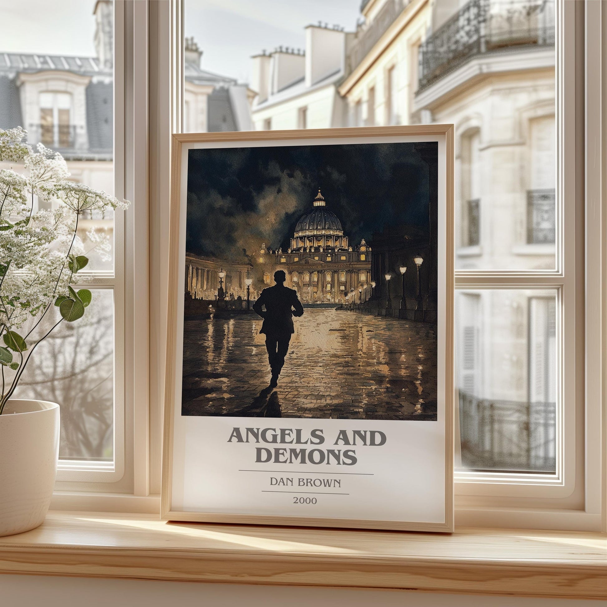 Angels And Demons book cover print framed by window – literary home decor