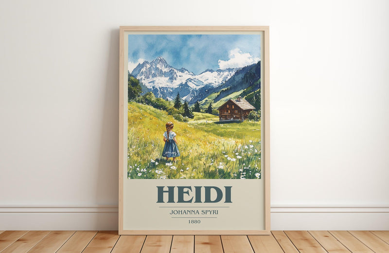 Heidi book cover print in frame leaning in hallway – childrens wall art
