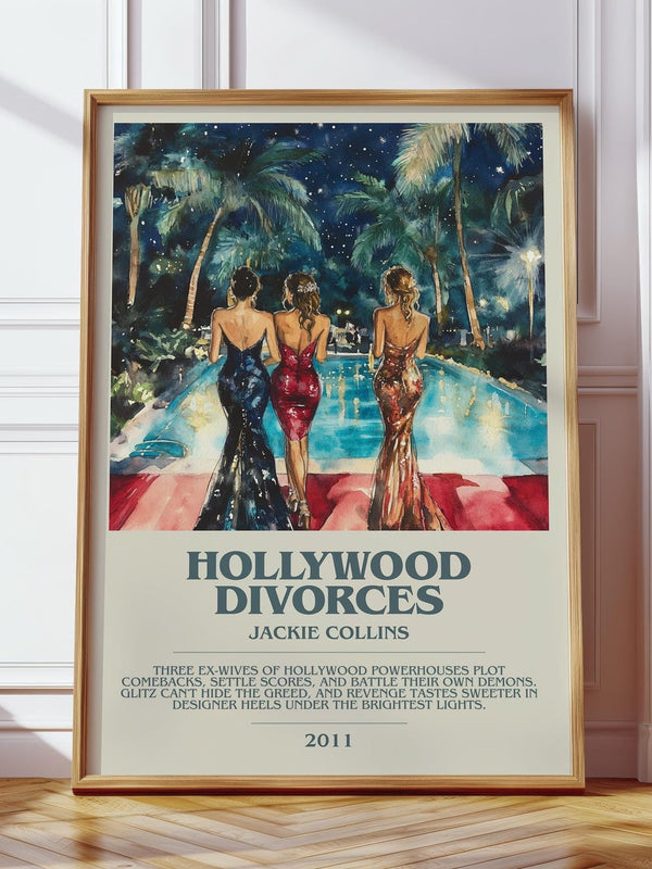 Hollywood Divorces bookish print in frame leaning in hallway – romance wall art