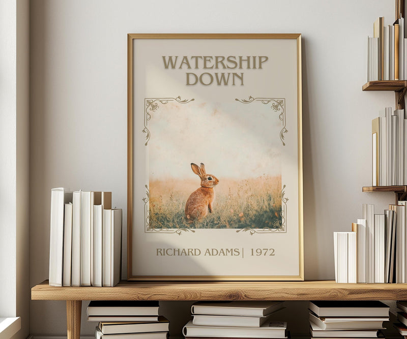 Watership Down classic book art print in frame leaning in hallway – adventure wall art