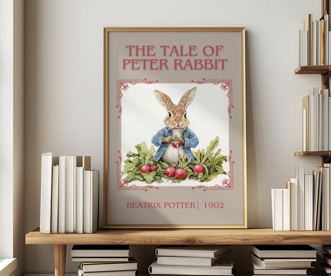 The Tale of Peter Rabbit classic book art print in frame leaning in hallway – childrens wall art (mockup)