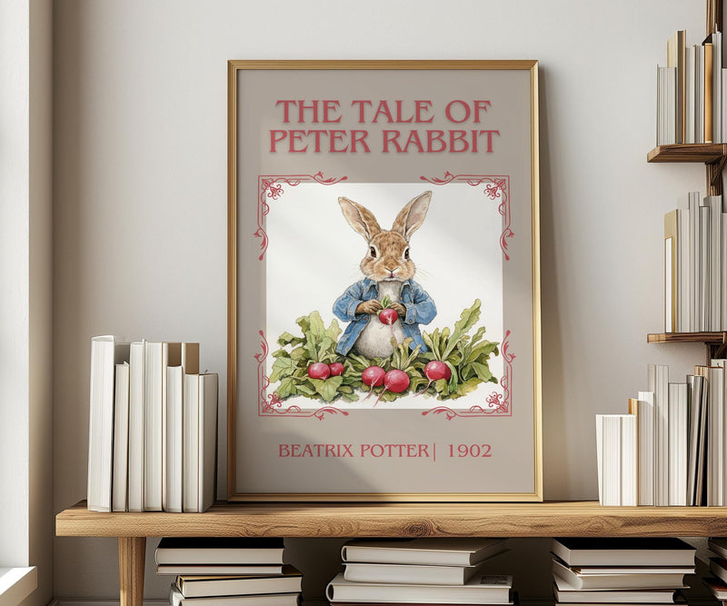 The Tale of Peter Rabbit classic book art print in frame leaning in hallway – childrens wall art
