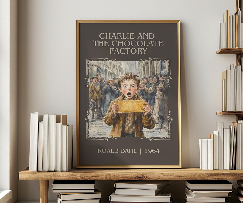 Charlie and the Chocolate Factory classic book art print in frame leaning in hallway – childrens wall art