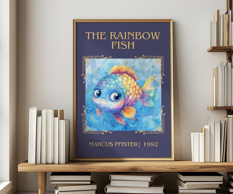 The Rainbow Fish classic book art print in frame leaning in hallway – childrens wall art