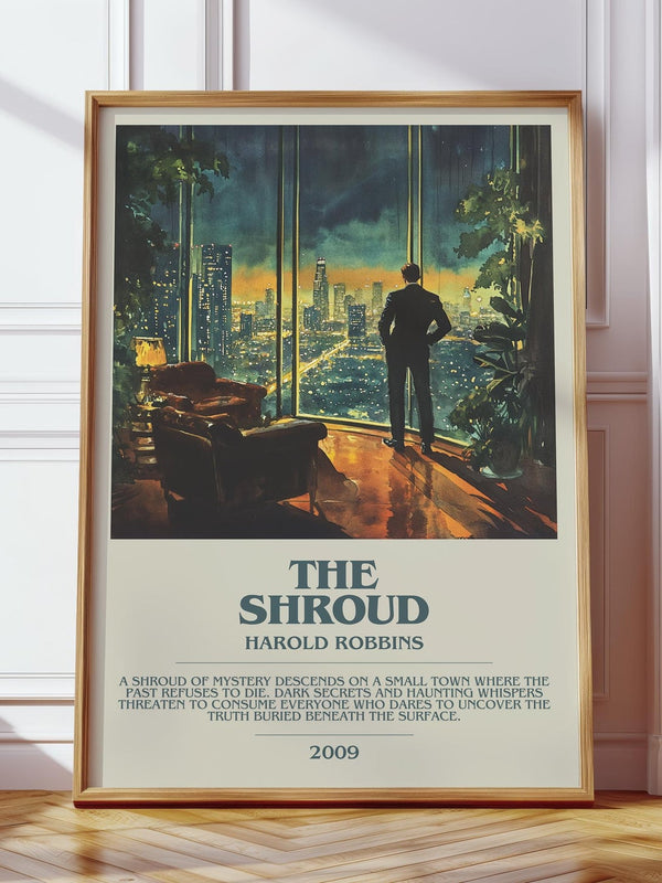 The Shroud bookish print in frame leaning in hallway – thriller wall art