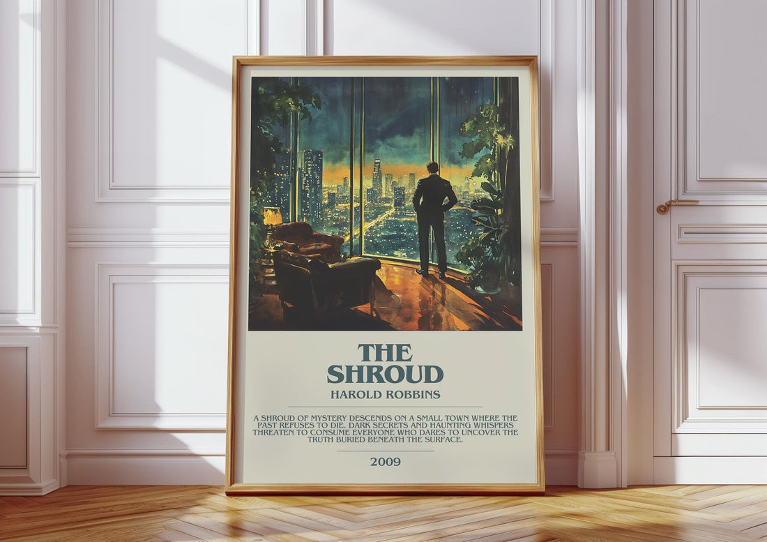 The Shroud bookish print in frame leaning in hallway – thriller wall art (mockup)
