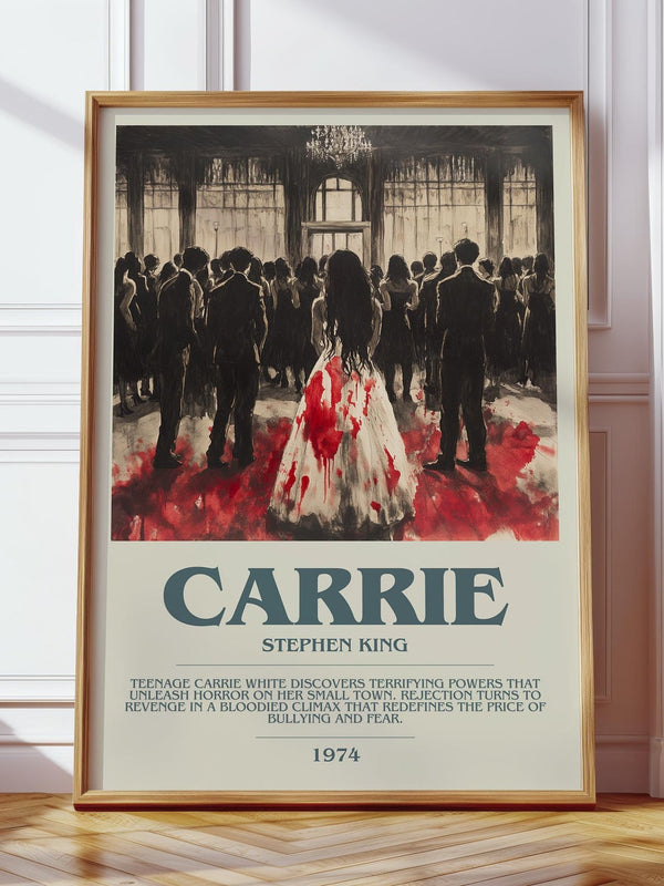 Carrie bookish print in frame leaning in hallway – horror wall art