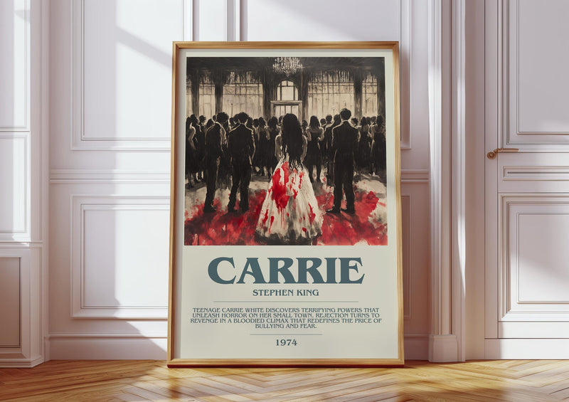 Carrie bookish print in frame leaning in hallway – horror wall art
