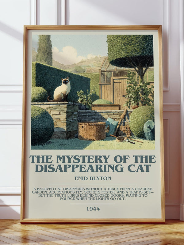 The Mystery of the Disappearing Cat bookish print in frame leaning in hallway – mystery wall art