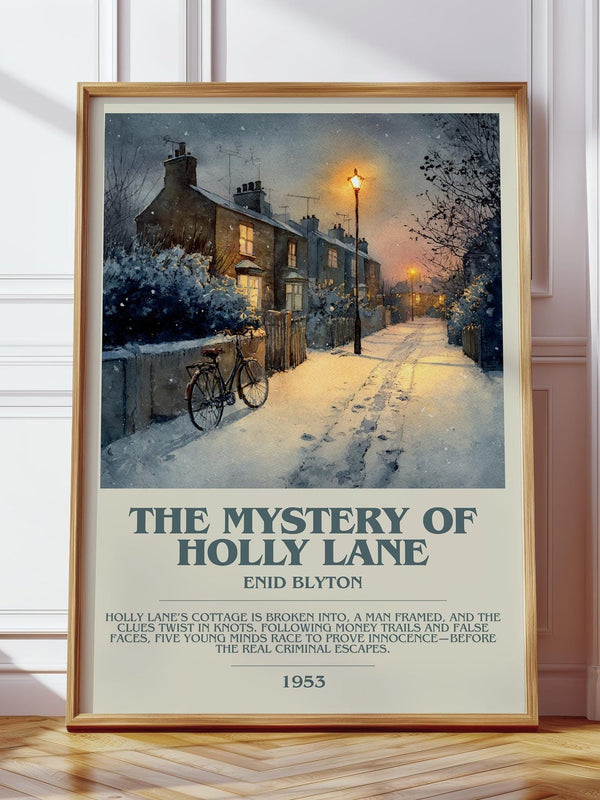 The Mystery of Holly Lane bookish print in frame leaning in hallway – childrens wall art