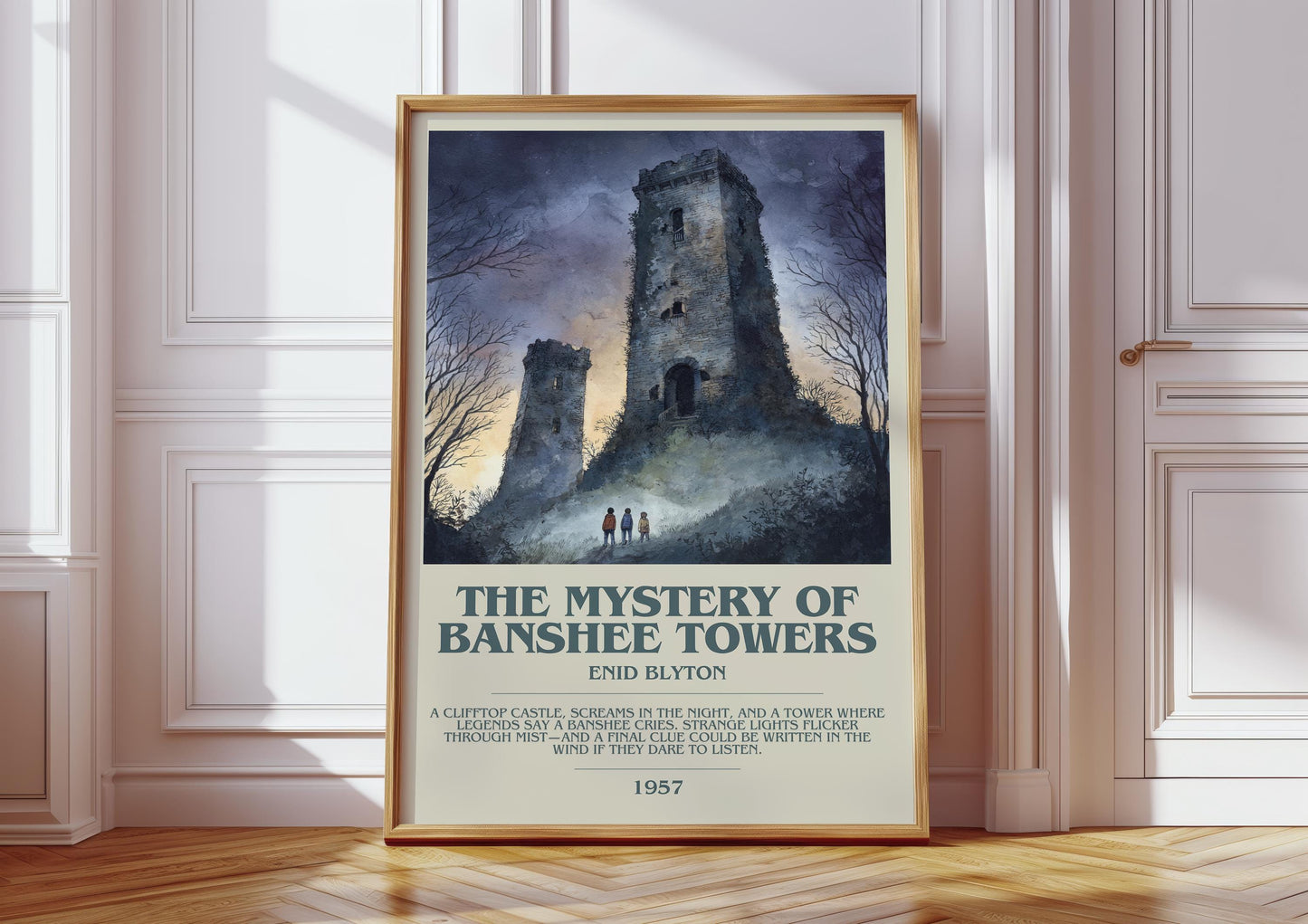 The Mystery Of Banshee Towers bookish print in frame leaning in hallway – childrens wall art