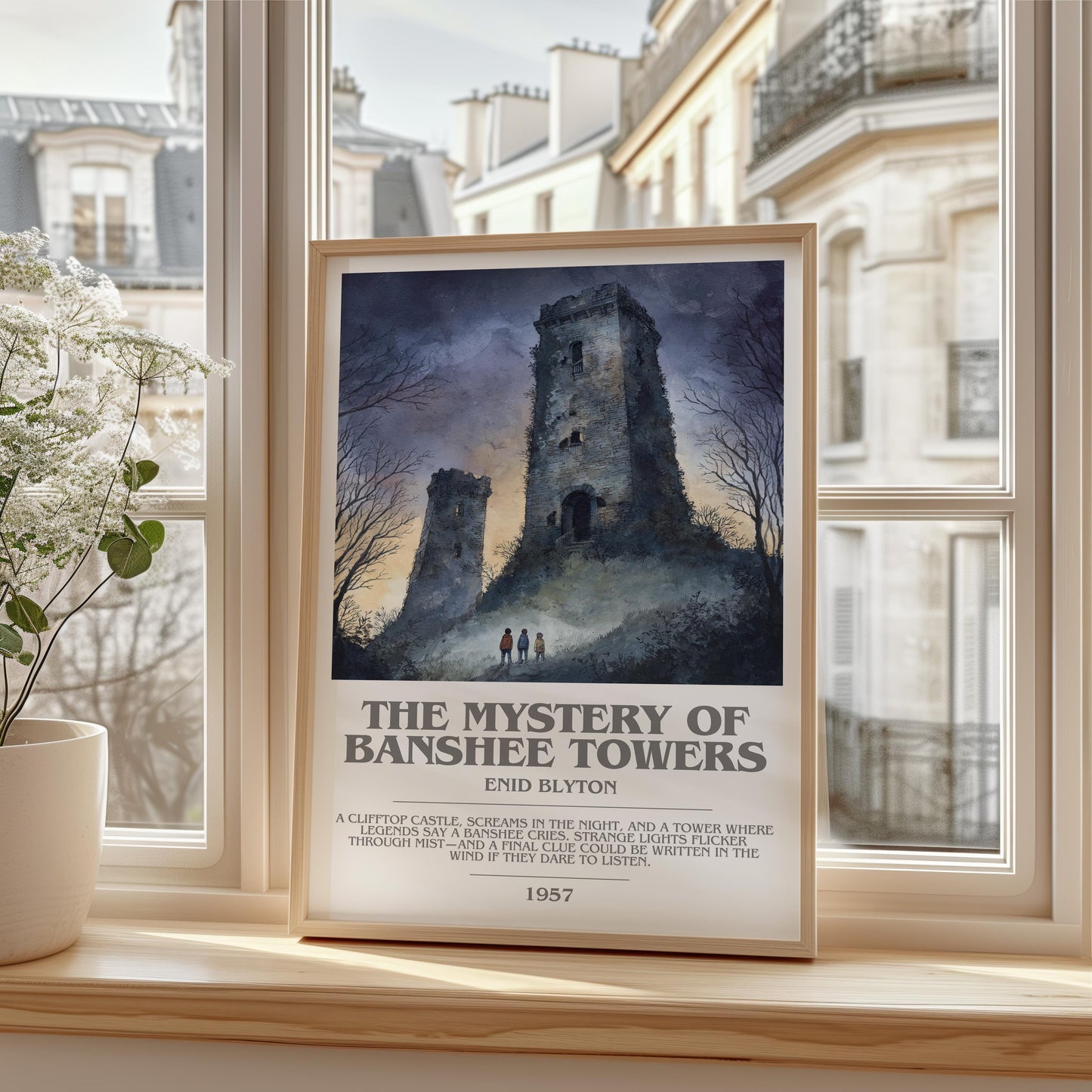 The Mystery Of Banshee Towers bookish print framed by window – literary home decor