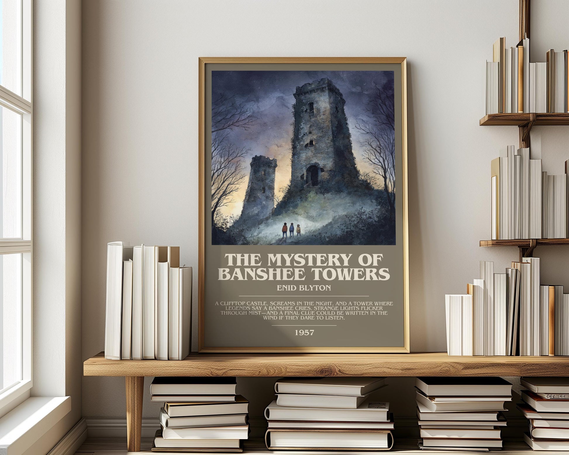 The Mystery Of Banshee Towers bookish print on bookshelf – Enid Blyton fan gift