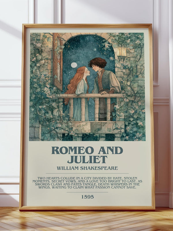 Romeo and Juliet bookish print in frame leaning in hallway – classic literature wall art
