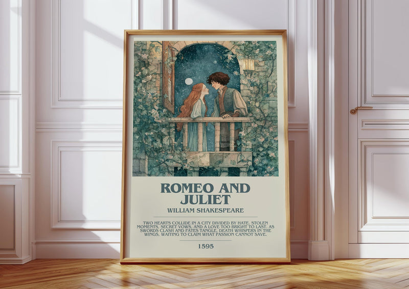 Romeo and Juliet bookish print in frame leaning in hallway – classic literature wall art
