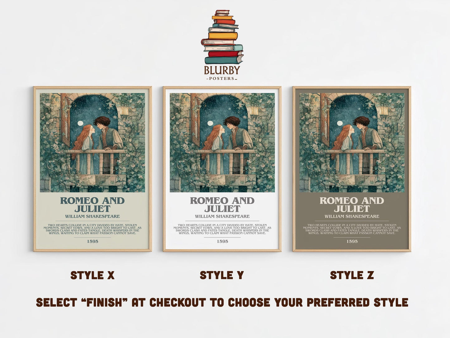 Romeo and Juliet bookish poster colour and style options – William Shakespeare book art