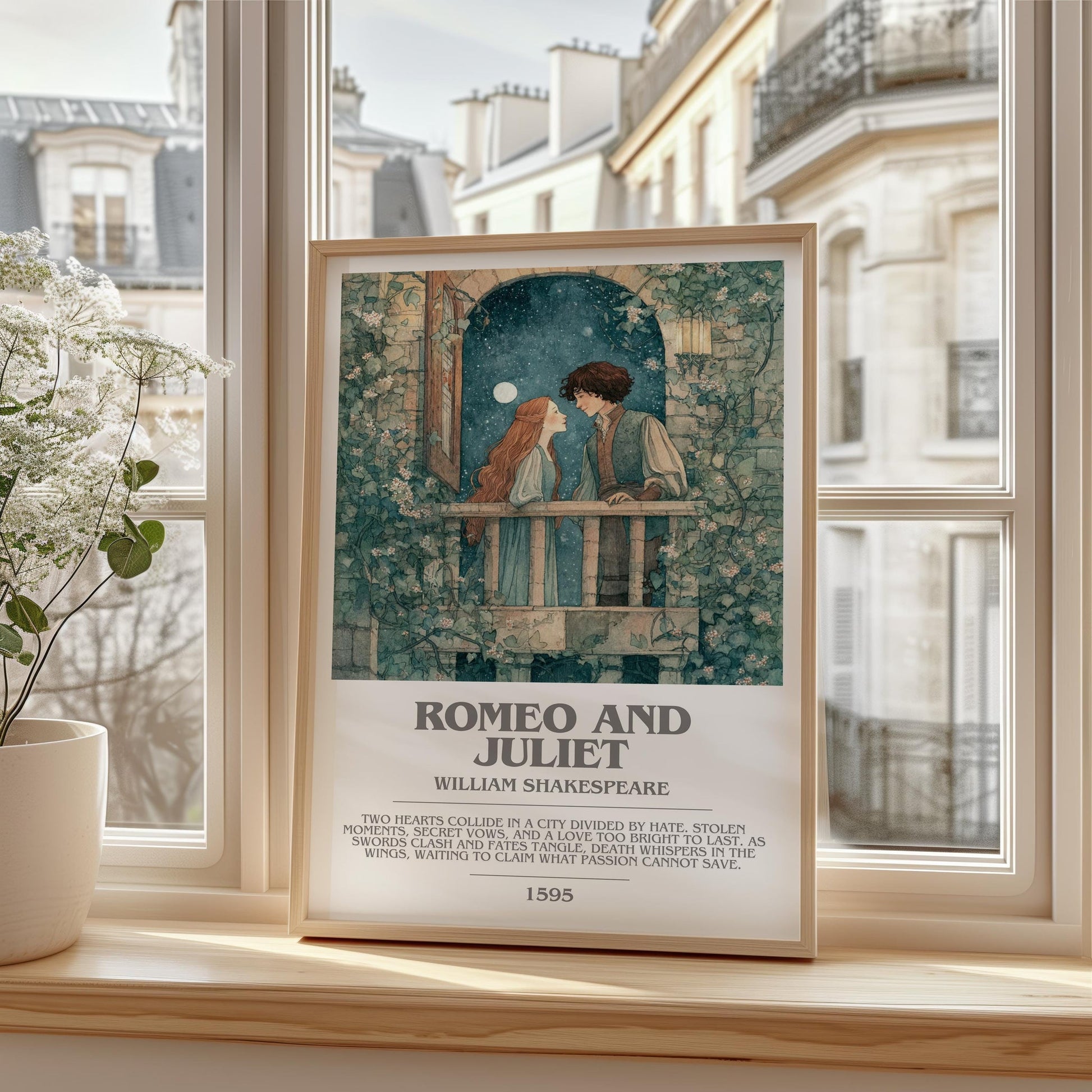 Romeo and Juliet bookish print framed by window – literary home decor