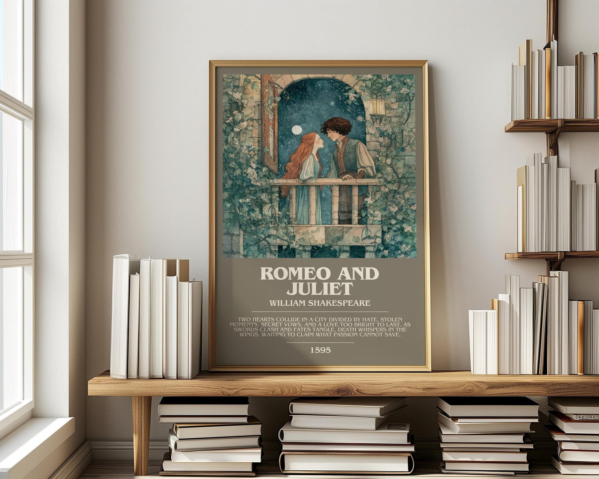 Romeo and Juliet bookish print on bookshelf – William Shakespeare fan gift