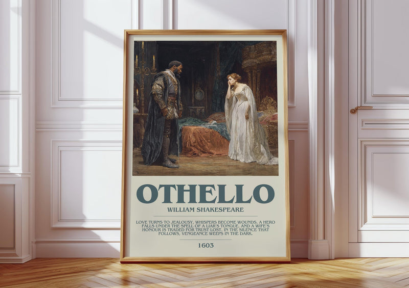 Othello bookish print in frame leaning in hallway – classic literature wall art