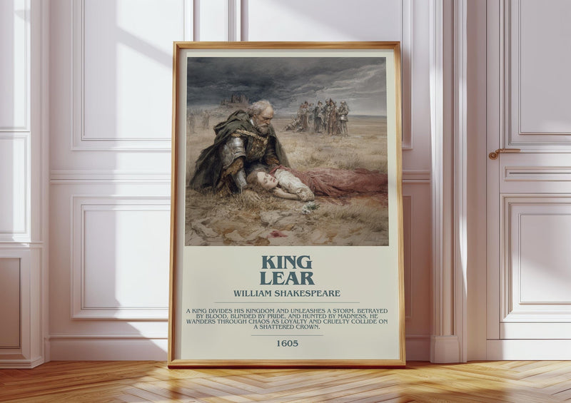 King Lear bookish print in frame leaning in hallway – classic literature wall art