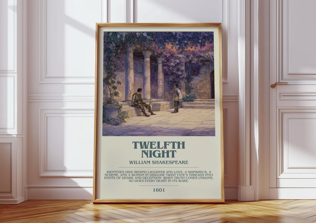 Twelfth Night bookish print in frame leaning in hallway – classic literature wall art (mockup)