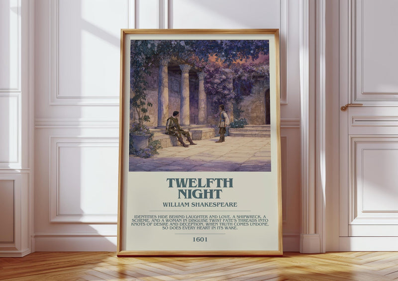 Twelfth Night bookish print in frame leaning in hallway – classic literature wall art