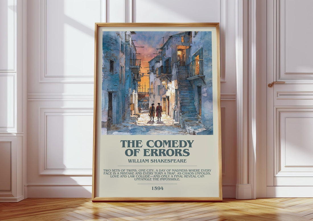 The Comedy of Errors bookish print in frame leaning in hallway – classic literature wall art (mockup)