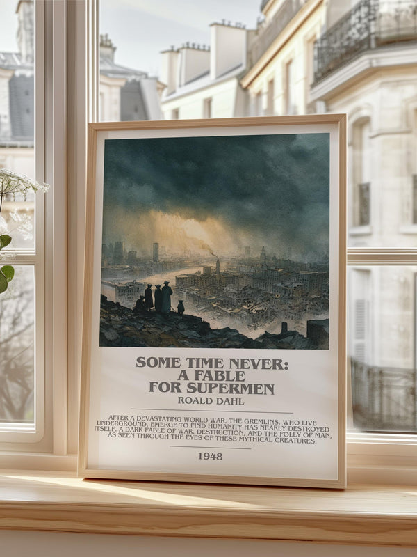 Some Time Never: A Fable for Supermen bookish print framed by window – literary home decor