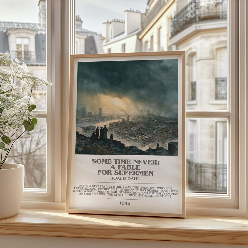 Some Time Never: A Fable for Supermen bookish print framed by window – literary home decor