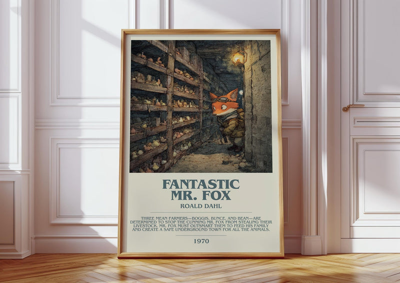 Fantastic Mr. Fox bookish print in frame leaning in hallway – childrens wall art