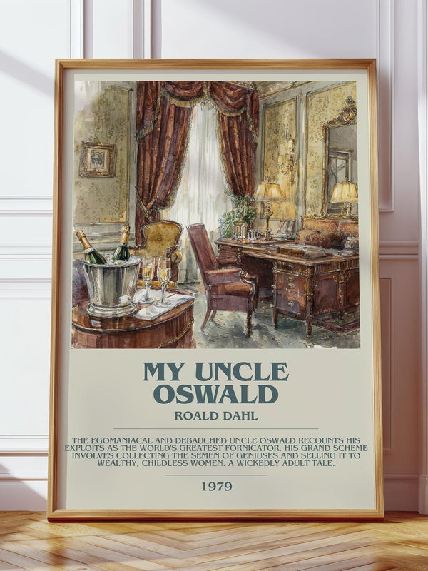 My Uncle Oswald bookish print in frame leaning in hallway – satire wall art