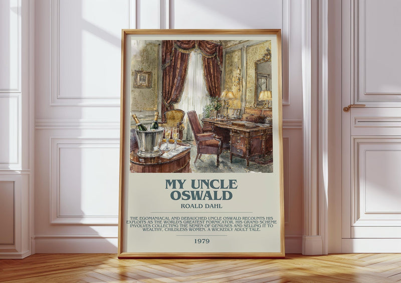 My Uncle Oswald bookish print in frame leaning in hallway – satire wall art